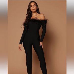 Danni Off Shoulder Feather Jumpsuit - Black size small